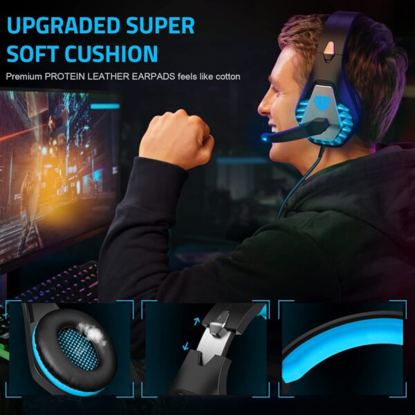 Gaming Headset with Microphone for PC PS4 PS5 Headset Noise Cancelling Gaming Headphones for Laptop Mac Switch Xbox One Headset with LED Lights Deep Bass for Kids Adults Black Blue - Image 5