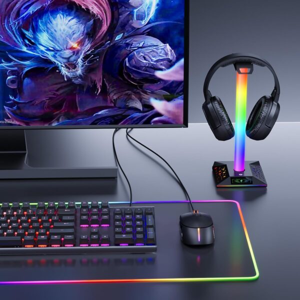 Gaming Headphone Stand PC Accessories - RGB Headset Stand with 2 USB Charger, Cool LED Headphone Holder PC Gaming Accessories Gift for Boys Men Gamers, Computer Game Hardware for Desk - Image 5