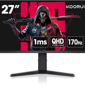 KOORUI Monitor, 27" QHD IPS Gaming Monitor, 170Hz, 1ms, HDR400, Compatibility G-Sync and FreeSync, Tilt Pivot Swivel Vertical Height Adjustable，2 HDMI 2.0 & 1 DisplayPor 1.2, 27E3Q, Black