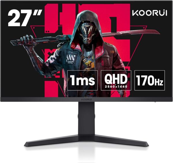 KOORUI Monitor, 27" QHD IPS Gaming Monitor, 170Hz, 1ms, HDR400, Compatibility G-Sync and FreeSync, Tilt Pivot Swivel Vertical Height Adjustable，2 HDMI 2.0 & 1 DisplayPor 1.2, 27E3Q, Black