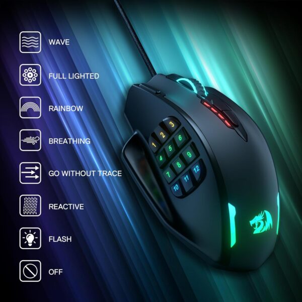 Redragon M908 Impact RGB LED MMO Gaming Mouse with 12 Side Buttons, Optical Wired Ergonomic Gamer Mouse with Max 12,400DPI, High Precision, 18 Programmable Macro Shortcuts, Comfort Grip - Image 9