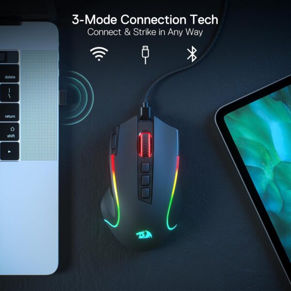 Redragon M612 PRO RGB Gaming Mouse, 8000 DPI Wired/Wireless Optical Gamer Mouse with 9 Programmable Buttons & 7 Backlit Modes, BT & 2.4G Wireless, Software Supports DIY Keybinds Rapid Fire Button - Image 3