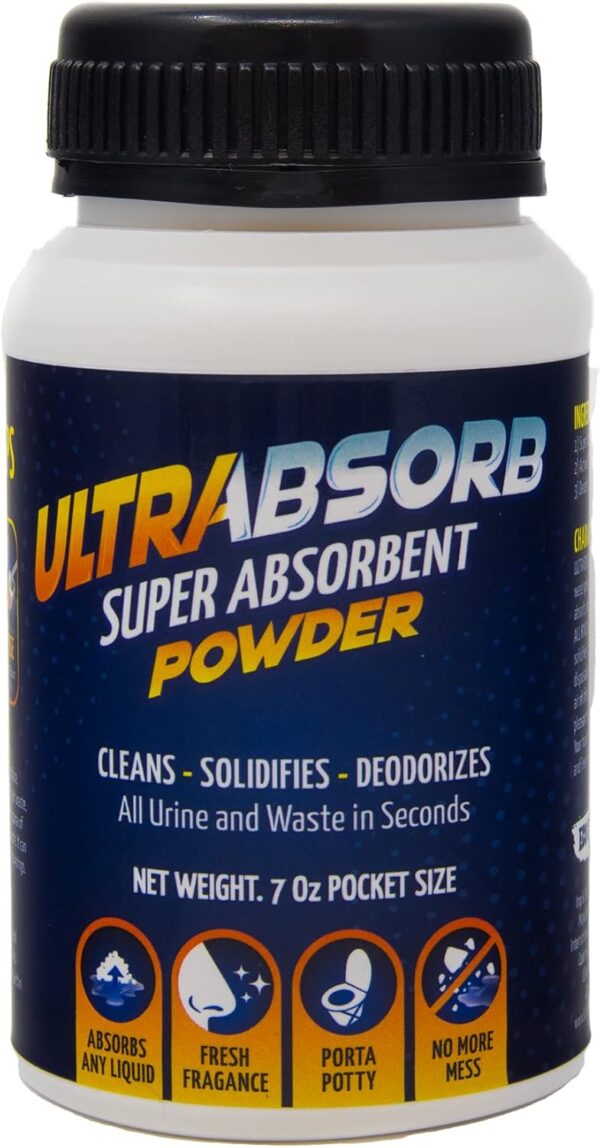 ULTRABSORB Super Absorbent Powder: Multi-Purpose Liquid Spill Solidifies & Deodorizer - Urine, Vomit, Absorb - Odor Remover + Oxy Cleaning Portable Toilet Porta Potty 100% Eco Bio Gel Size 7.0 Oz