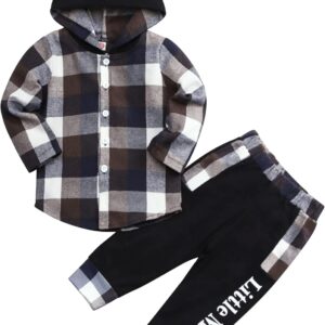 Toddler Baby Boys Clothes Plaid Panel Long-sleeve Hooded Shirt + Sweatpants Fall Winter Outfits Set