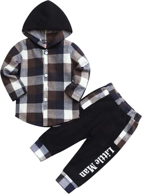 Toddler Baby Boys Clothes Plaid Panel Long-sleeve Hooded Shirt + Sweatpants Fall Winter Outfits Set