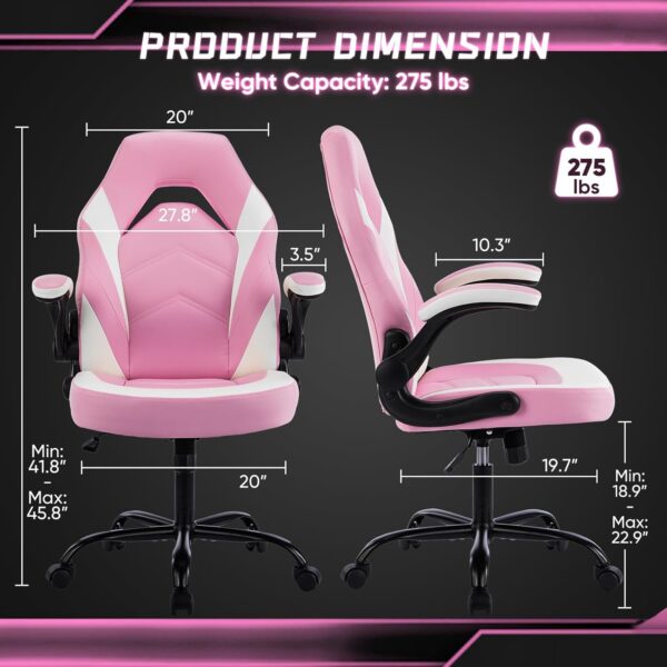 DUMOS Ergonomic Computer Gaming Chair - Home Office Desk with PU Leather Lumbar Support, Height Adjustable Big and Tall Video Game with Flip-up Armrest, Swivel Wheels for Adults and Teens, Pink - Image 2