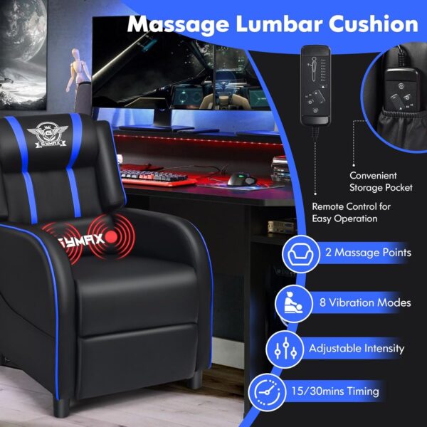 GYMAX Gaming Recliner, Massage Gaming Chair w/Adjustable Footrest, Remote Control & Side Pocket, Ergonomic Game Lounge Chair, Racing Style Single Theater Seat Game Sofa for Adults (Blue) - Image 4