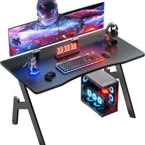 HLDIRECT 40 Inch Gaming Desk with Carbon Fibre Surface- A Shape Large Computer Desk Gaming Table Ergonomic Pc Gaming Workstation Home Office Desks