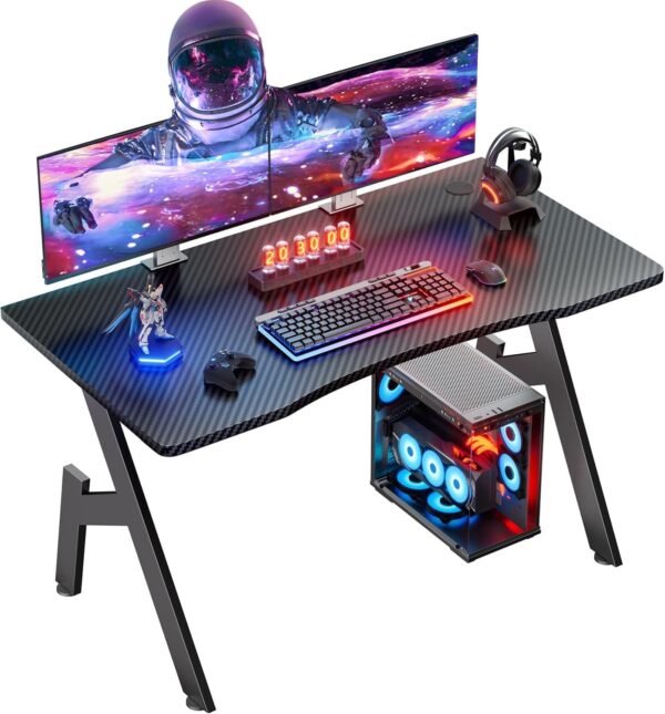 HLDIRECT 40 Inch Gaming Desk with Carbon Fibre Surface- A Shape Large Computer Desk Gaming Table Ergonomic Pc Gaming Workstation Home Office Desks