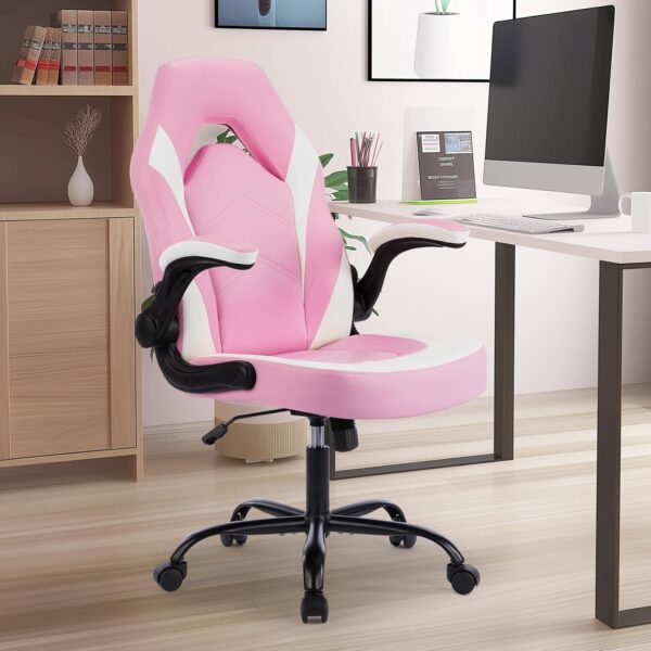 DUMOS Ergonomic Computer Gaming Chair - Home Office Desk with PU Leather Lumbar Support, Height Adjustable Big and Tall Video Game with Flip-up Armrest, Swivel Wheels for Adults and Teens, Pink - Image 8