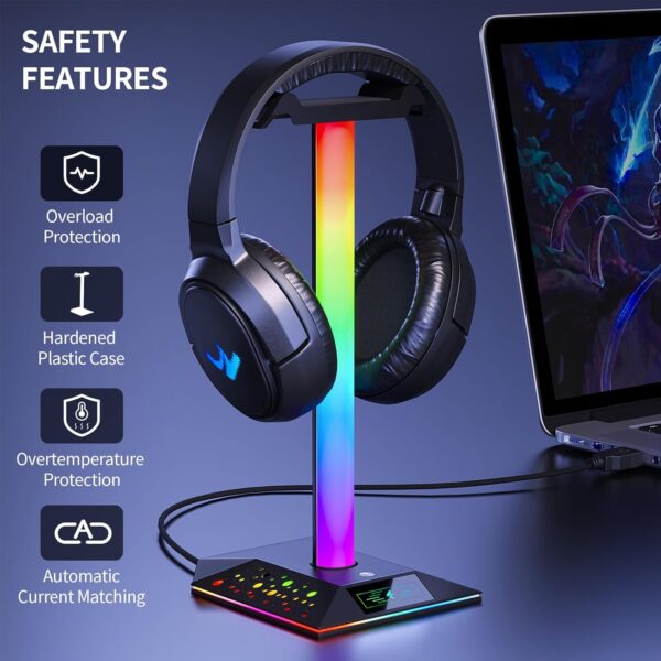 Gaming Headphone Stand PC Accessories - RGB Headset Stand with 2 USB Charger, Cool LED Headphone Holder PC Gaming Accessories Gift for Boys Men Gamers, Computer Game Hardware for Desk - Image 4