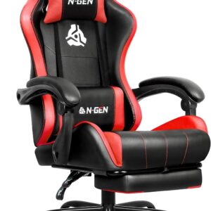 N-GEN Video Gaming Chair with Footrest High Back Ergonomic Comfortable Office Computer Desk with Lumbar Support Height Adjustable with PU Leather Recliner for Adults Women Men (Red)