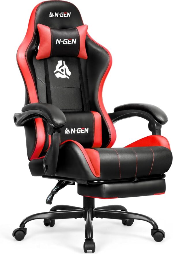 N-GEN Video Gaming Chair with Footrest High Back Ergonomic Comfortable Office Computer Desk with Lumbar Support Height Adjustable with PU Leather Recliner for Adults Women Men (Red)