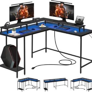 Panana 53.5" L Shaped Computer Desk Gaming Desk with LED Lights and Power Outlets, Reversible L Shaped Corner Desk with Monitor Stand, Home Office Desk with Shelf and USB Port (Black)