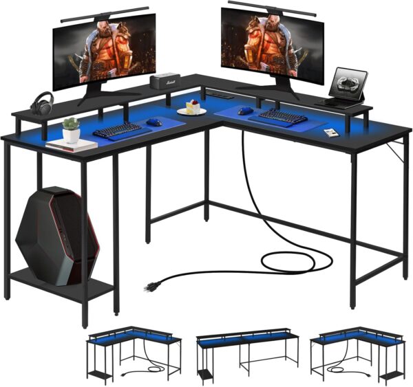 Panana 53.5" L Shaped Computer Desk Gaming Desk with LED Lights and Power Outlets, Reversible L Shaped Corner Desk with Monitor Stand, Home Office Desk with Shelf and USB Port (Black)