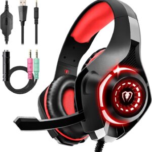 Gaming Headset for Ps4 Ps5 Xbox One Switch PC with Noise Canceling Mic, Deep Bass Stereo Sound (Black Red)