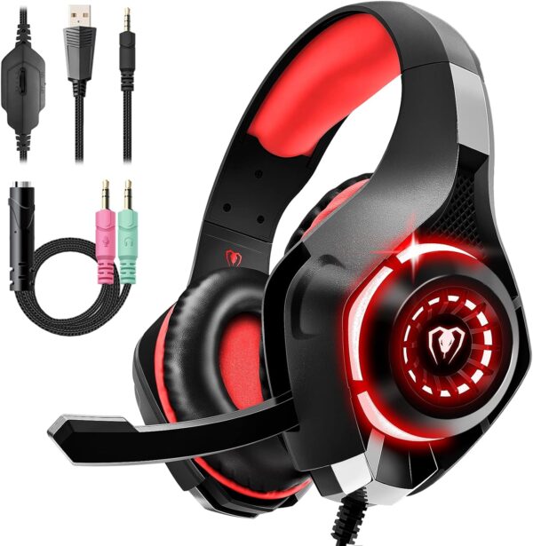 Gaming Headset for Ps4 Ps5 Xbox One Switch PC with Noise Canceling Mic, Deep Bass Stereo Sound (Black Red)