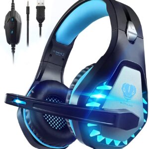 Gaming Headset with Microphone for PC PS4 PS5 Headset Noise Cancelling Gaming Headphones for Laptop Mac Switch Xbox One Headset with LED Lights Deep Bass for Kids Adults Black Blue