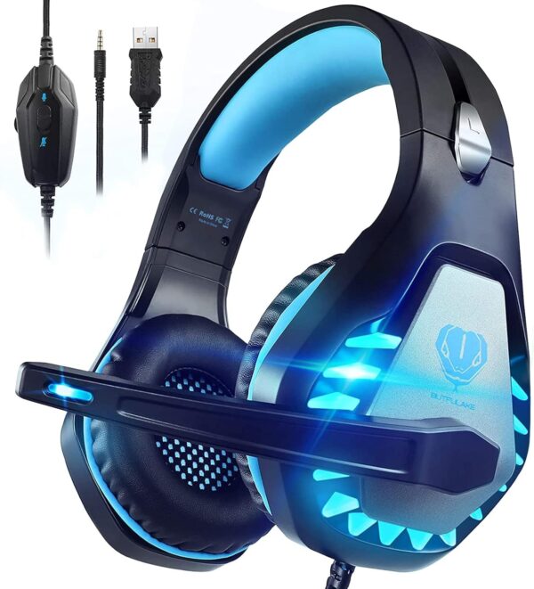 Gaming Headset with Microphone for PC PS4 PS5 Headset Noise Cancelling Gaming Headphones for Laptop Mac Switch Xbox One Headset with LED Lights Deep Bass for Kids Adults Black Blue