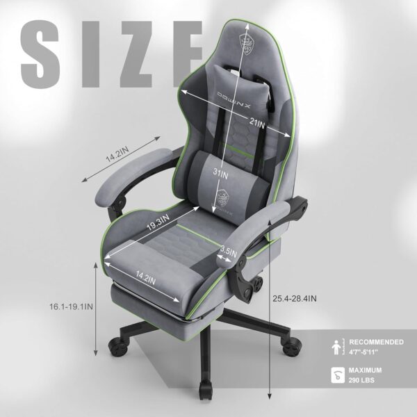 Dowinx Gaming Chair Fabric with Pocket Spring Cushion, Massage Game Chair Cloth with Headrest, Ergonomic Computer Chair with Footrest 290LBS, Light Grey - Image 2