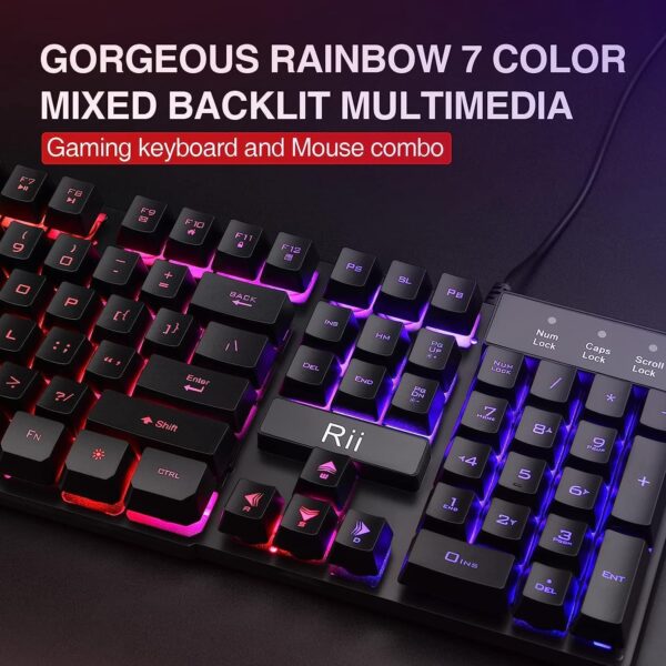 Rii Gaming Keyboard and Mouse Set, Multiple Color Rainbow LED Backlit Multimedia PC Gaming Keyboard,Office Keyboard Colorful Breathing Backlit Gaming Mouse for Working or Primer Gaming,Office Device - Image 3