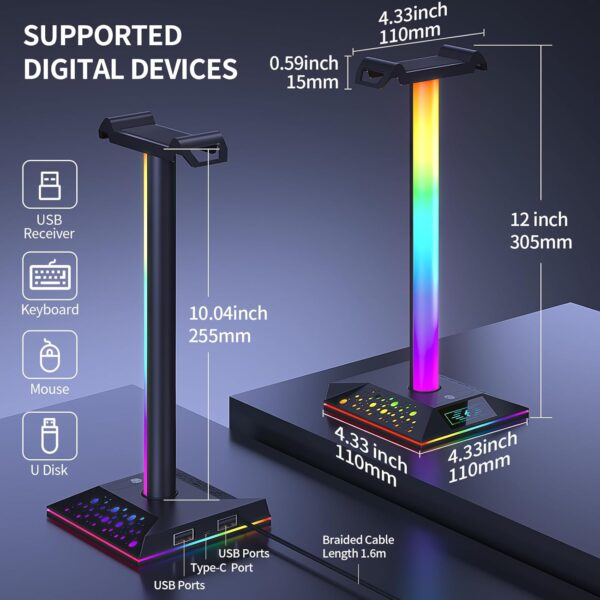 Gaming Headphone Stand PC Accessories - RGB Headset Stand with 2 USB Charger, Cool LED Headphone Holder PC Gaming Accessories Gift for Boys Men Gamers, Computer Game Hardware for Desk - Image 3