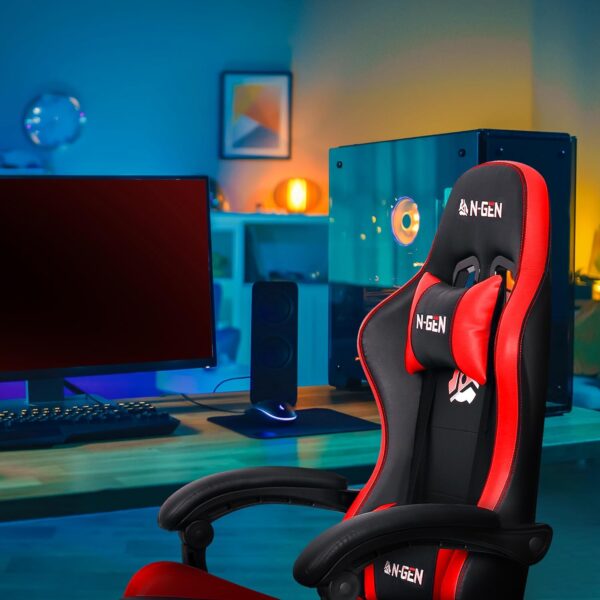 N-GEN Video Gaming Chair with Footrest High Back Ergonomic Comfortable Office Computer Desk with Lumbar Support Height Adjustable with PU Leather Recliner for Adults Women Men (Red) - Image 2