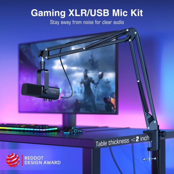 FIFINE XLR/USB Gaming Microphone Set, Dynamic PC Mic for Streaming Podcasting, Computer RGB Mic Kit with Boom Arm Stand, Mute Button, Headphones Jack, for Recording Vocal Voice-Over-AmpliGame AM8T - Image 3