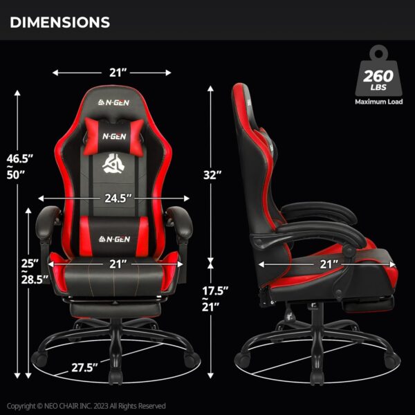 N-GEN Video Gaming Chair with Footrest High Back Ergonomic Comfortable Office Computer Desk with Lumbar Support Height Adjustable with PU Leather Recliner for Adults Women Men (Red) - Image 3