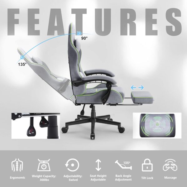 Dowinx Gaming Chair Fabric with Pocket Spring Cushion, Massage Game Chair Cloth with Headrest, Ergonomic Computer Chair with Footrest 290LBS, Light Grey - Image 6