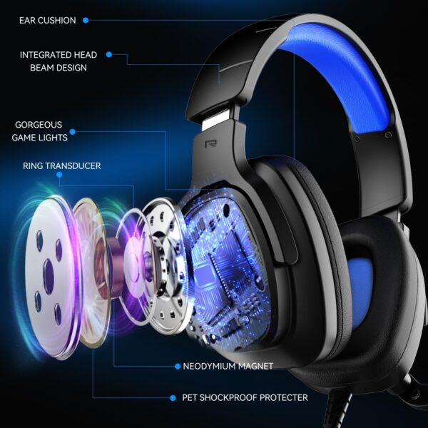 Gaming Headset for PC/PS4/PS5/Xbox One/Switch, Stereo Surround Sound Gaming Headphones with Noise Canceling Flexible Mic, Computer Headset with 3.5mm Jack & RGB Light(Blue) - Image 2