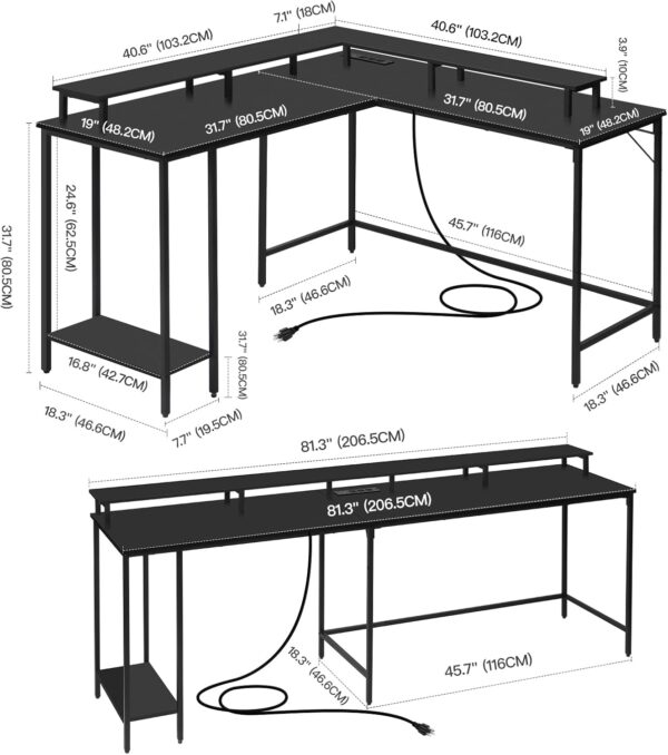 Panana 53.5" L Shaped Computer Desk Gaming Desk with LED Lights and Power Outlets, Reversible L Shaped Corner Desk with Monitor Stand, Home Office Desk with Shelf and USB Port (Black) - Image 3