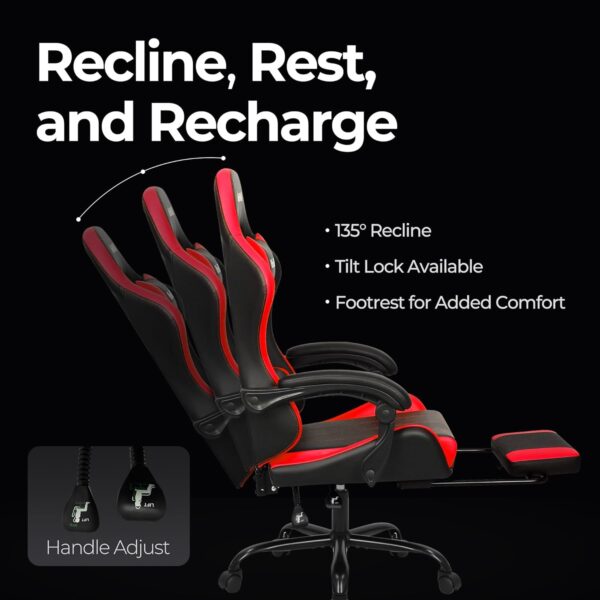 N-GEN Video Gaming Chair with Footrest High Back Ergonomic Comfortable Office Computer Desk with Lumbar Support Height Adjustable with PU Leather Recliner for Adults Women Men (Red) - Image 4