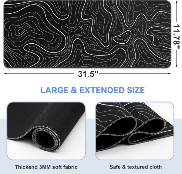 Mouse Pad Gaming Mousepad 31.5 x 11.8in Large Mouse Pad for Keyboard and Mouse with Anti-Slip Rubber Base, Keyboard Pad XL Mouse Mat for Home and Office（Black with White Topographic Line） - Image 2