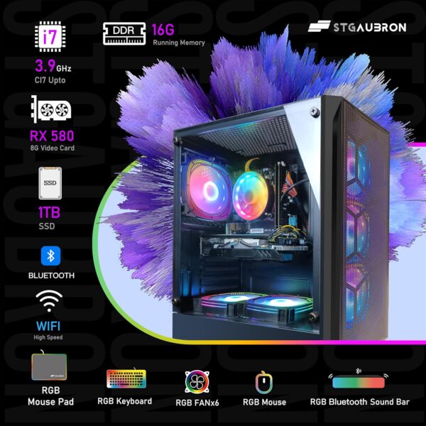 STGAubron Gaming Desktop, Radeon RX 580 8G GDDR5, Intel Core i7 3.4G up to 3.9G, 16G DDR3, 1T SSD, 600M WiFi, BT 5.0, RGB Fan x 6, RGB Mouse Pad, RGB BT Sound Bar, RGB BT Gaming Mic, Windows 10 Home - Image 5