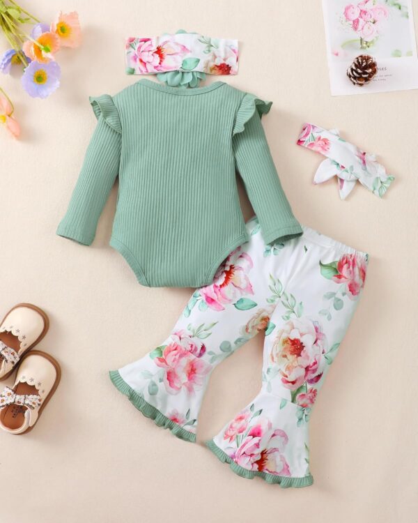 SUNNY PIGGY Newborn Baby Girl Clothes Infant Outfits Romper Floral Fall Outfit Bell Bottoms Pant Sets Hat Headband Flowerpant - Image 3