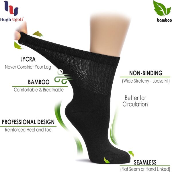 Hugh Ugoli Women's Bamboo Loose Fit Diabetic Crew Socks, Soft, Wide & Stretchy with Seamless Toe & Non-Binding Top, 3 Pairs - Image 2