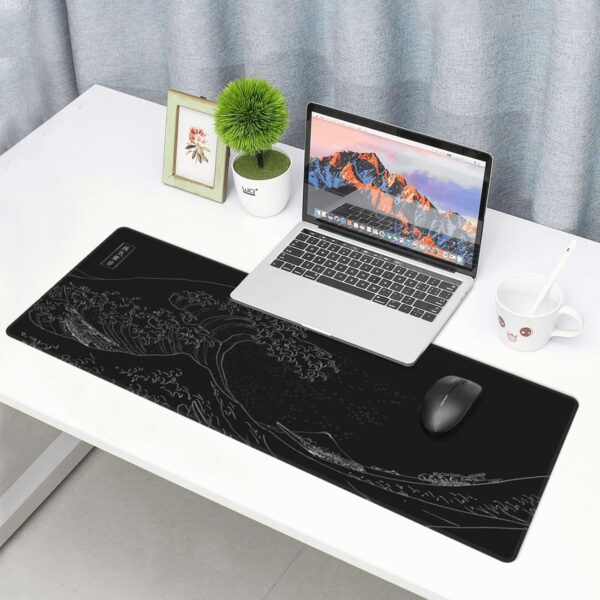 Japanese Gaming Mouse Pad Black Mouse Pad Kanagawa Large Mousepad Non-Slip Rubber Base Waterproof with Stitched Edges for Gaming Office Home, 31.5x11.8 Inch (Black Wave) - Image 6