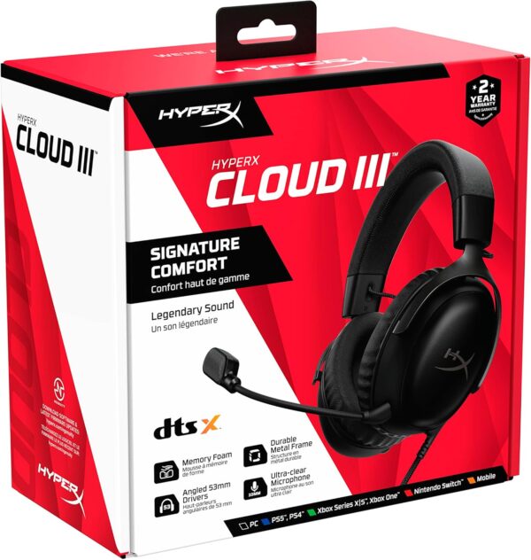 HyperX Cloud III – Wired Gaming Headset, PC, PS5, Xbox Series X|S, Angled 53mm Drivers, DTS Spatial Audio, Memory Foam, Durable Frame, Ultra-Clear 10mm Mic, USB-C, USB-A, 3.5mm – Black - Image 8