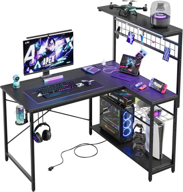 Bestier 42 L Gaming Desk,Computer Desk with Power Outlets, LED Lights, Reversible Corner Desk with 4-Tier Shelves,Cup Holder & Hook Carbon Fiber Black - Image 3