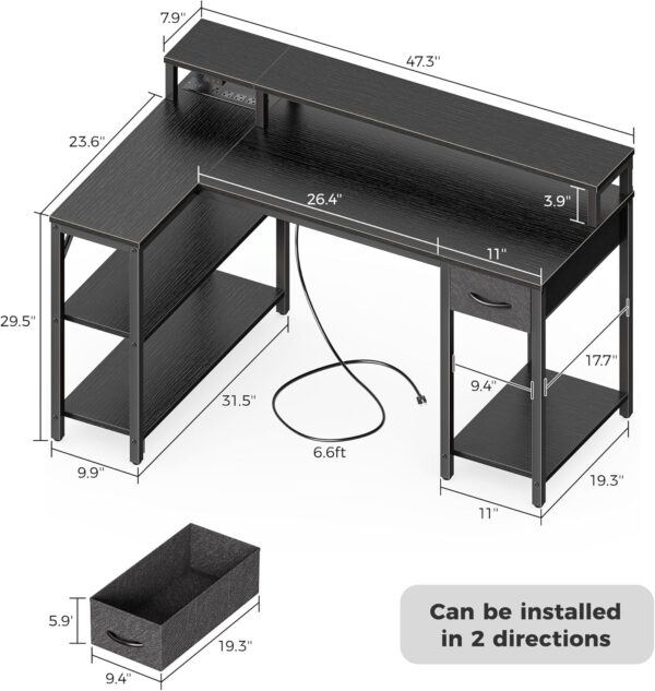 SUPERJARE 47 inch Reversible L Shaped Desk with LED Lights & Power Outlets, Computer Desk with Shelves & Monitor Stand, Gaming Desk with Drawer, Home Office Desk Corner Desk, Black - Image 3