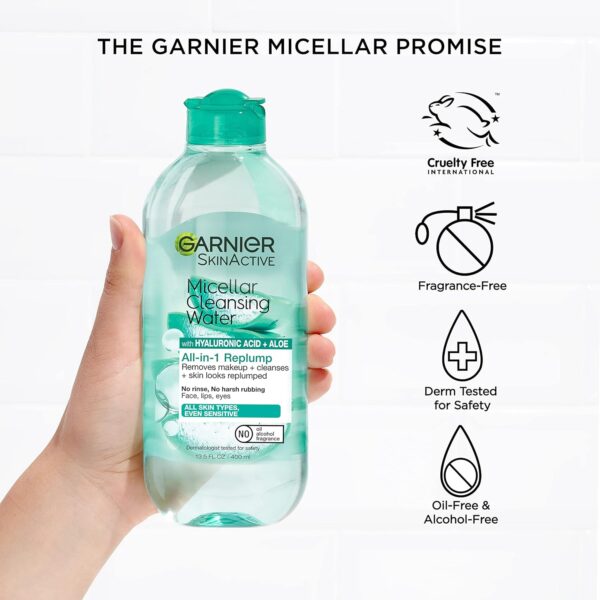 Garnier Micellar Water with Hyaluronic Acid, Facial Cleanser & Makeup Remover, Hydrating and Plumping, For All Skin Types, Vegan, Cruelty Free, 13.5 Fl Oz (400mL), 2 Count - Image 6