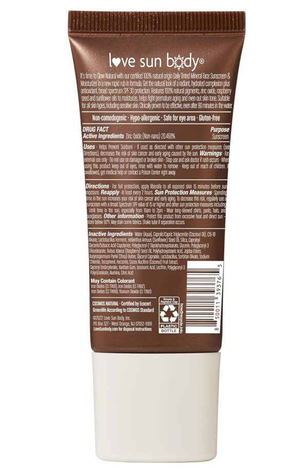 Love Sun Body Daily Tinted Face Sunscreen & Moisturizer (Tan) | SPF 30 Mineral Zinc Oxide | 100% Natural Origin | Reef Safe CC Cream | Ecocert Certified Cosmos Natural | 1 fl oz | EWG Verified® - Image 2