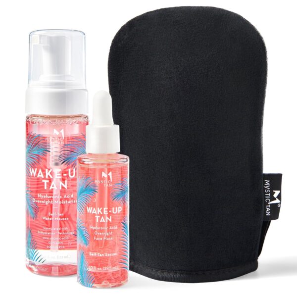 Mystic Tan Self Tanning Bundle: Wake-Up Tan Self Tan Water Mousse + Wake-Up Tan Hyaluronic Acid Serum for Face + Self Tan Mitt - Hydrating, Clear Self Tanner for Body and Face with Eco-Certified DHA