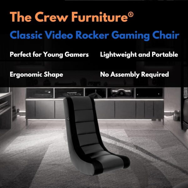 The Crew Furniture Classic Video Rocker Floor Gaming Chair, Kids and Teens, Racing Stripe PU Faux Leather & Polyester Mesh, Black/Black - Image 3