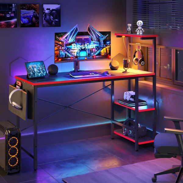 Bestier Gaming Desk with LED Lights, 51.3 Inch Computer Desk with 4 Tiers Reversible Shelves, Gamer Desk with Side Storage Bag, Hooks and Height Adjustable Shelf (Black Carbon Fiber)