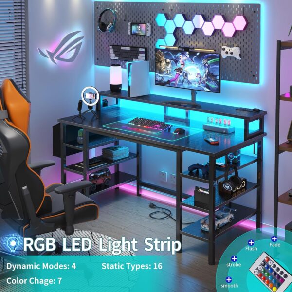 Lufeiya Gaming Desk with LED Lights and Storage Shelves, 47 inch Computer Desk with Power Outlets, Home Office Desk with Monitor Stand, Writing Table PC Desks, Black - Image 5