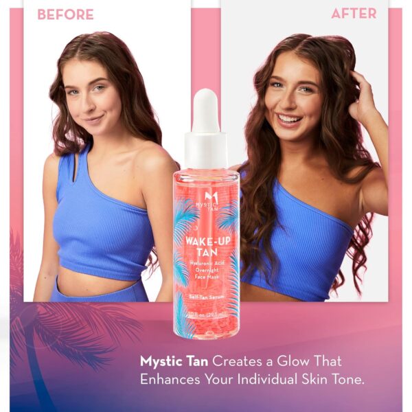 Mystic Tan Self Tanning Bundle: Wake-Up Tan Self Tan Water Mousse + Wake-Up Tan Hyaluronic Acid Serum for Face + Self Tan Mitt - Hydrating, Clear Self Tanner for Body and Face with Eco-Certified DHA - Image 4