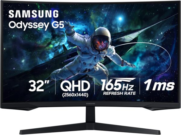 SAMSUNG 32” Odyssey G55C Series QHD 1000R Curved Gaming Monitor, 1ms(MPRT), HDR10, 165Hz, AMD Radeon FreeSync, Eye Care, Glare Free, Sharp Resolution LS32CG550ENXZA, 2024