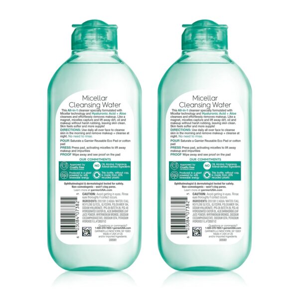 Garnier Micellar Water with Hyaluronic Acid, Facial Cleanser & Makeup Remover, Hydrating and Plumping, For All Skin Types, Vegan, Cruelty Free, 13.5 Fl Oz (400mL), 2 Count - Image 2